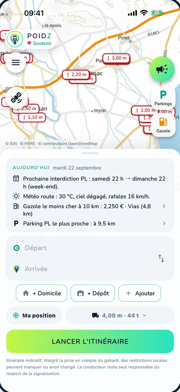 Capture de l'écran « Aujourd'hui » de POIDZ : prochaine interdiction PL samedi 22 h à dimanche 22 h, météo route 30 °C ciel dégagé rafales 16 km/h, gazole le moins cher à 10 km 2,250 € à Vias, parking PL le plus proche à 9,5 km. Sur la carte, des pastilles de ponts bas de 2,10 m à 3,00 m.