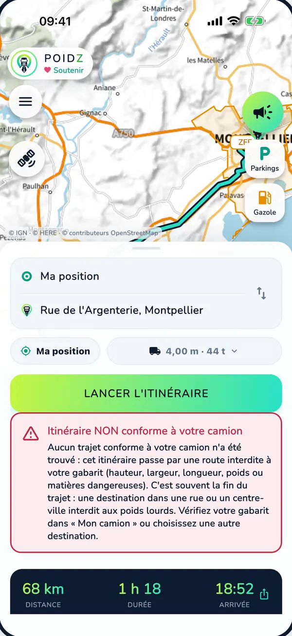 Capture de POIDZ : résultat d'itinéraire vers la rue de l'Argenterie à Montpellier pour un camion de 4,00 m et 44 t. Encadré rouge « Itinéraire NON conforme à votre camion » : aucun trajet conforme n'a été trouvé, il faut vérifier le gabarit ou choisir une autre destination.